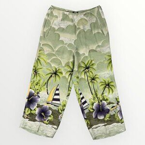 TOMMY BAHAMA Silk Womens 12 Tropical Wide Leg Cropped Pants Floral Green Capris